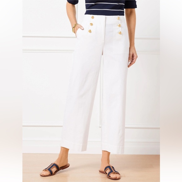 Talbots COTTON SLUB SAILOR CROP Wide Leg  PANTS Size 14 White Costal Preppy - Picture 1 of 15